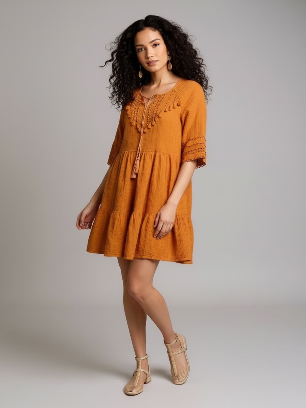 $158 Anthropologie Eri +Ali  Angelica Tasseled Bohemian Peasant Mini Dress Sz SP